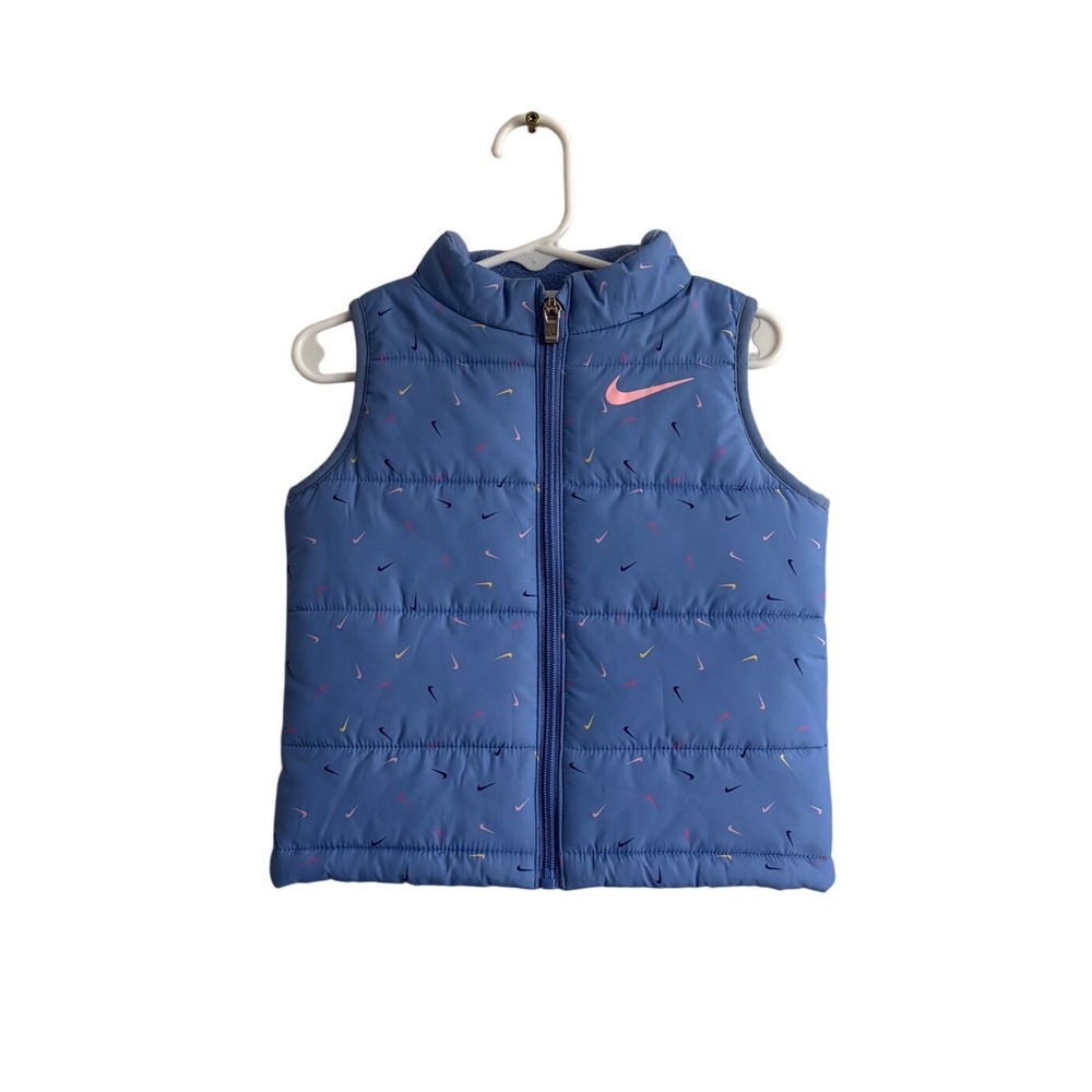 Nike Toddler Girls Blue Mini Swoosh Print Puffer Vest Size 24M Full Zip Fleece